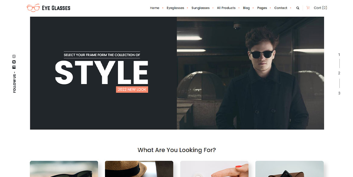 Model w modnych okularach przeciwsłonecznych prezentujący nowoczesny design platformy e-commerce
